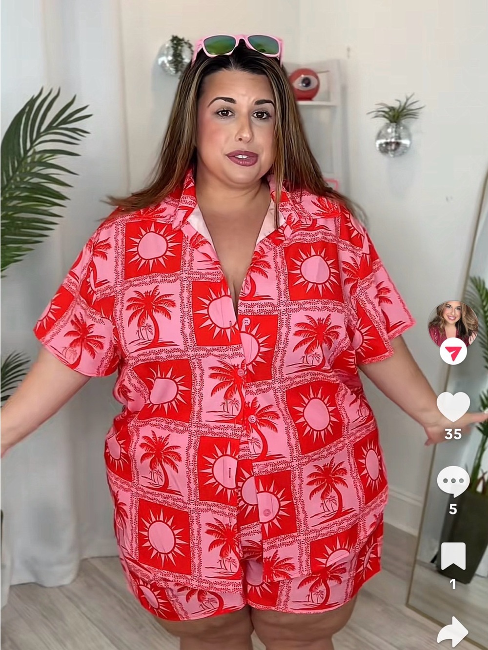 Plus Size Pink Red Tropical Print Button-Front Top and Short Set